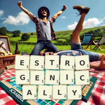 Creative illustration for a Scrabble game with the word ESTROGENICALLY spelled out in tiles on the board.