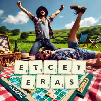 Creative illustration for a Scrabble game with the word ETCETERAS spelled out in tiles on the board.