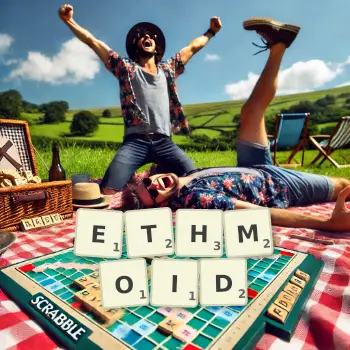 Creative illustration for a Scrabble game with the word ETHMOID spelled out in tiles on the board.
