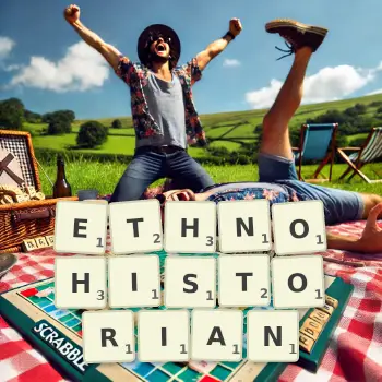 Creative illustration for a Scrabble game with the word ETHNOHISTORIAN spelled out in tiles on the board.