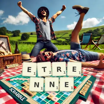 Creative illustration for a Scrabble game with the word ETRENNE spelled out in tiles on the board.