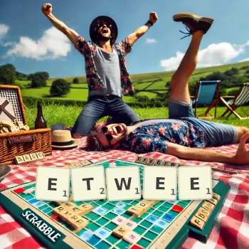 Creative illustration for a Scrabble game with the word ETWEE spelled out in tiles on the board.