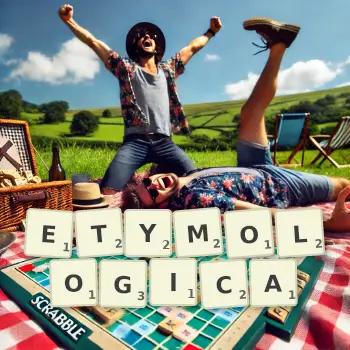 Creative illustration for a Scrabble game with the word ETYMOLOGICA spelled out in tiles on the board.