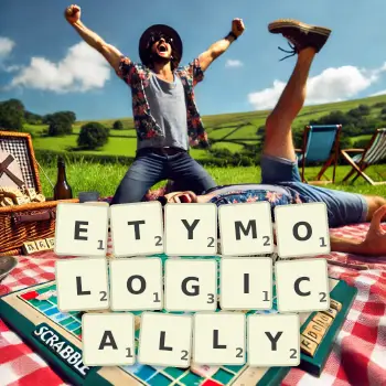 Creative illustration for a Scrabble game with the word ETYMOLOGICALLY spelled out in tiles on the board.