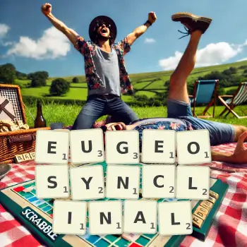 Creative illustration for a Scrabble game with the word EUGEOSYNCLINAL spelled out in tiles on the board.