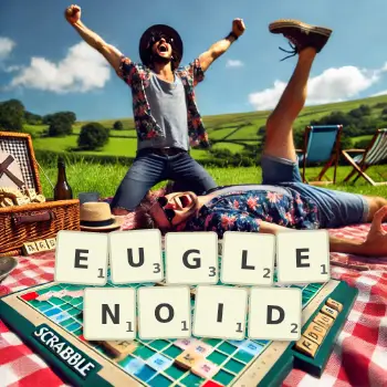 Creative illustration for a Scrabble game with the word EUGLENOID spelled out in tiles on the board.
