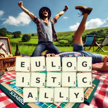 Creative illustration for a Scrabble game with the word EULOGISTICALLY spelled out in tiles on the board.