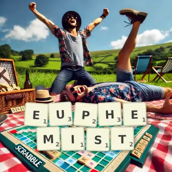Creative illustration for a Scrabble game with the word EUPHEMIST spelled out in tiles on the board.