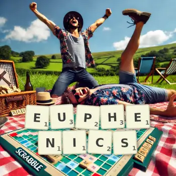 Creative illustration for a Scrabble game with the word EUPHENICS spelled out in tiles on the board.