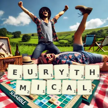 Creative illustration for a Scrabble game with the word EURYTHMICAL spelled out in tiles on the board.