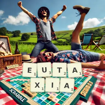 Creative illustration for a Scrabble game with the word EUTAXIA spelled out in tiles on the board.
