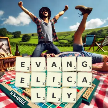 Creative illustration for a Scrabble game with the word EVANGELICALLY spelled out in tiles on the board.