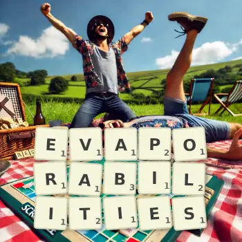 Creative illustration for a Scrabble game with the word EVAPORABILITIES spelled out in tiles on the board.