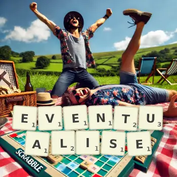 Creative illustration for a Scrabble game with the word EVENTUALISE spelled out in tiles on the board.