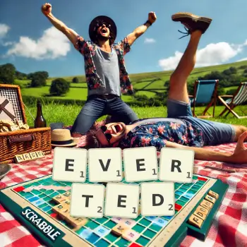 Creative illustration for a Scrabble game with the word EVERTED spelled out in tiles on the board.