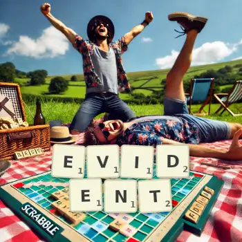 Creative illustration for a Scrabble game with the word EVIDENT spelled out in tiles on the board.