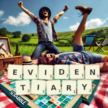 Creative illustration for a Scrabble game with the word EVIDENTIARY spelled out in tiles on the board.