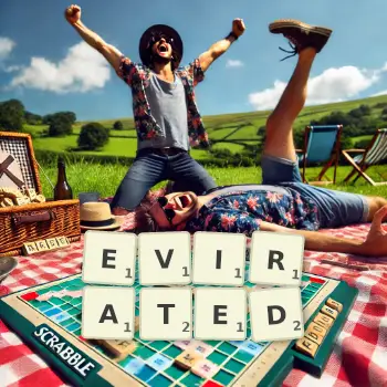 Creative illustration for a Scrabble game with the word EVIRATED spelled out in tiles on the board.