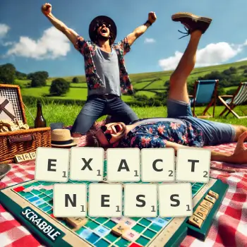 Creative illustration for a Scrabble game with the word EXACTNESS spelled out in tiles on the board.