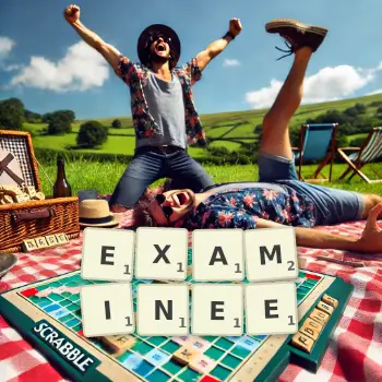 Creative illustration for a Scrabble game with the word EXAMINEE spelled out in tiles on the board.