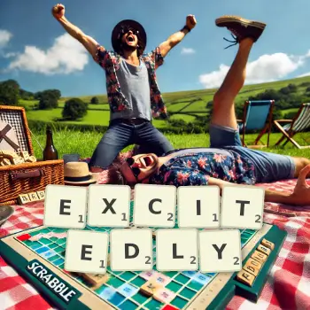 Creative illustration for a Scrabble game with the word EXCITEDLY spelled out in tiles on the board.