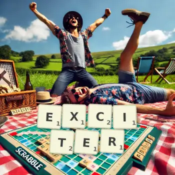 Creative illustration for a Scrabble game with the word EXCITER spelled out in tiles on the board.