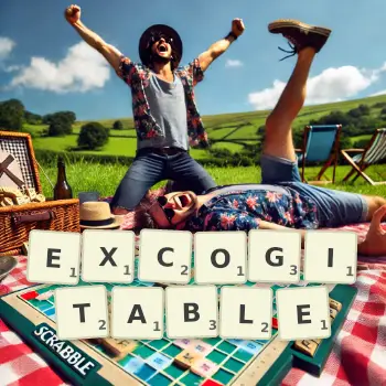 Creative illustration for a Scrabble game with the word EXCOGITABLE spelled out in tiles on the board.