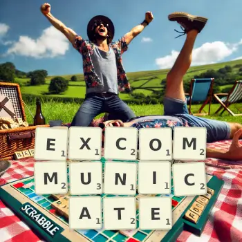 Creative illustration for a Scrabble game with the word EXCOMMUNICATE spelled out in tiles on the board.