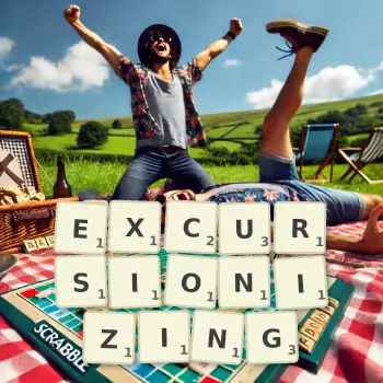 Creative illustration for a Scrabble game with the word EXCURSIONIZING spelled out in tiles on the board.