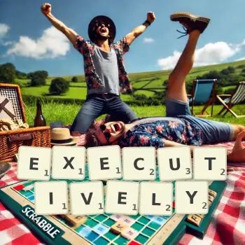 Creative illustration for a Scrabble game with the word EXECUTIVELY spelled out in tiles on the board.