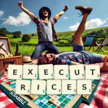 Creative illustration for a Scrabble game with the word EXECUTRICES spelled out in tiles on the board.