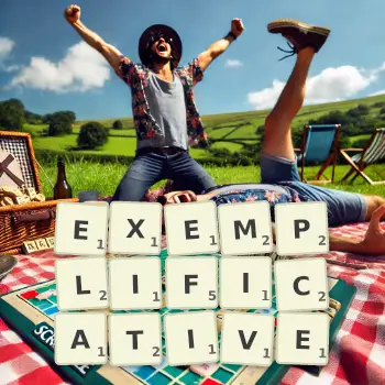 Creative illustration for a Scrabble game with the word EXEMPLIFICATIVE spelled out in tiles on the board.