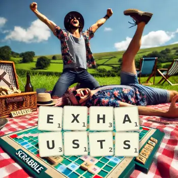 Creative illustration for a Scrabble game with the word EXHAUSTS spelled out in tiles on the board.