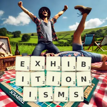 Creative illustration for a Scrabble game with the word EXHIBITIONISMS spelled out in tiles on the board.