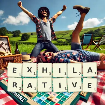 Creative illustration for a Scrabble game with the word EXHILARATIVE spelled out in tiles on the board.
