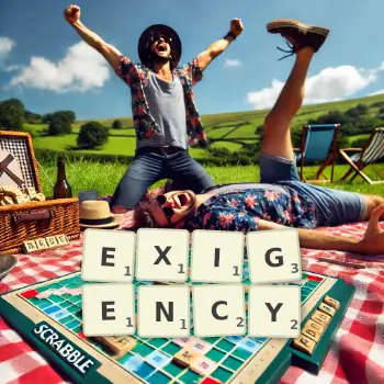 Creative illustration for a Scrabble game with the word EXIGENCY spelled out in tiles on the board.