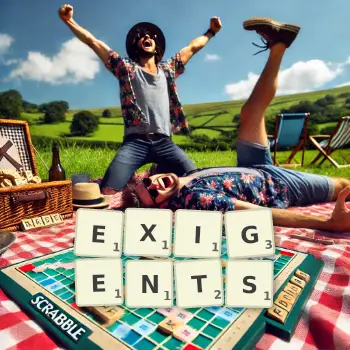 Creative illustration for a Scrabble game with the word EXIGENTS spelled out in tiles on the board.