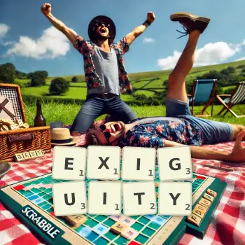 Creative illustration for a Scrabble game with the word EXIGUITY spelled out in tiles on the board.