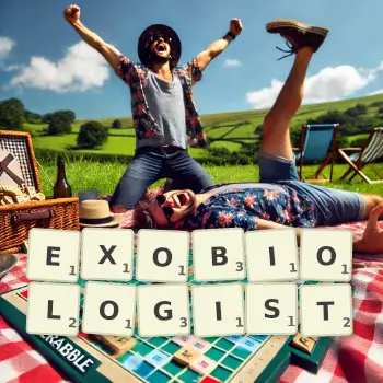 Creative illustration for a Scrabble game with the word EXOBIOLOGIST spelled out in tiles on the board.
