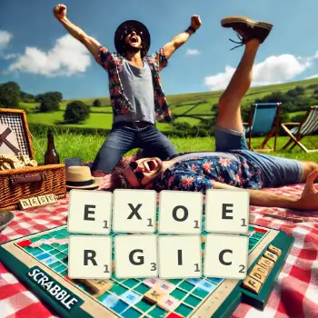 Creative illustration for a Scrabble game with the word EXOERGIC spelled out in tiles on the board.