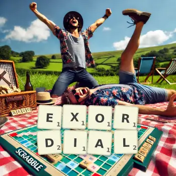 Creative illustration for a Scrabble game with the word EXORDIAL spelled out in tiles on the board.