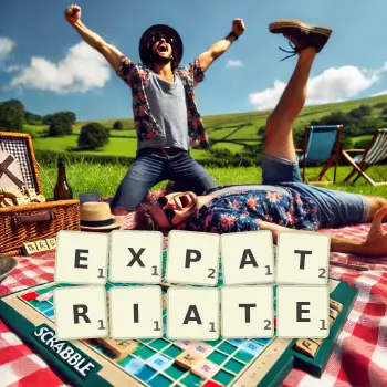 Creative illustration for a Scrabble game with the word EXPATRIATE spelled out in tiles on the board.