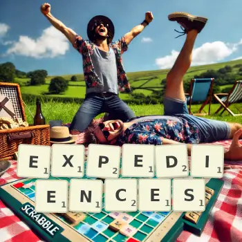 Creative illustration for a Scrabble game with the word EXPEDIENCES spelled out in tiles on the board.
