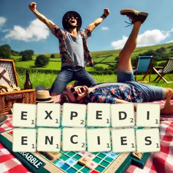 Creative illustration for a Scrabble game with the word EXPEDIENCIES spelled out in tiles on the board.