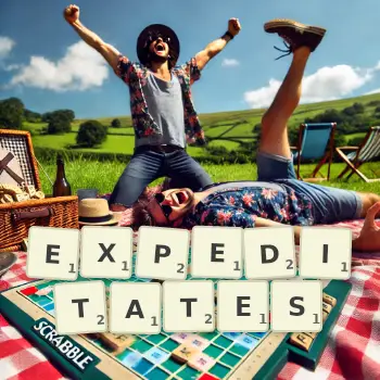 Creative illustration for a Scrabble game with the word EXPEDITATES spelled out in tiles on the board.