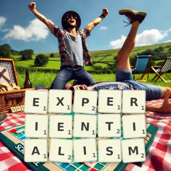 Creative illustration for a Scrabble game with the word EXPERIENTIALISM spelled out in tiles on the board.