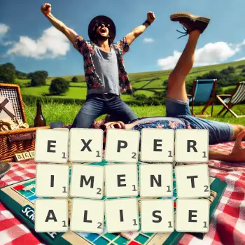 Creative illustration for a Scrabble game with the word EXPERIMENTALISE spelled out in tiles on the board.