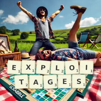 Creative illustration for a Scrabble game with the word EXPLOITAGES spelled out in tiles on the board.