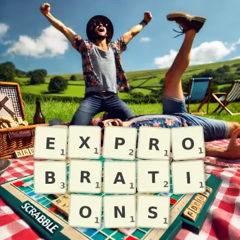 Creative illustration for a Scrabble game with the word EXPROBRATIONS spelled out in tiles on the board.