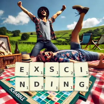 Creative illustration for a Scrabble game with the word EXSCINDING spelled out in tiles on the board.